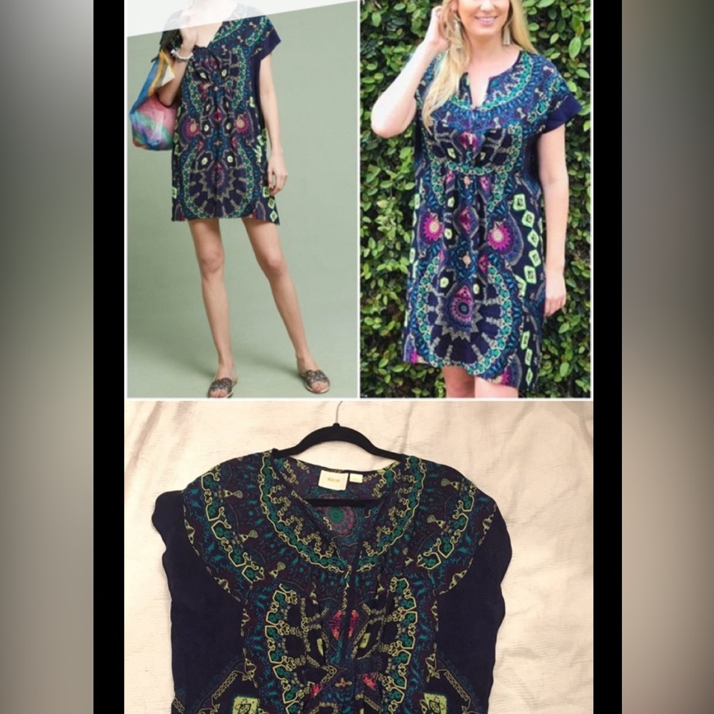 Mave AnthropologySz  XS Blue Geometric Print Summer Knee Length Silk Dress 70